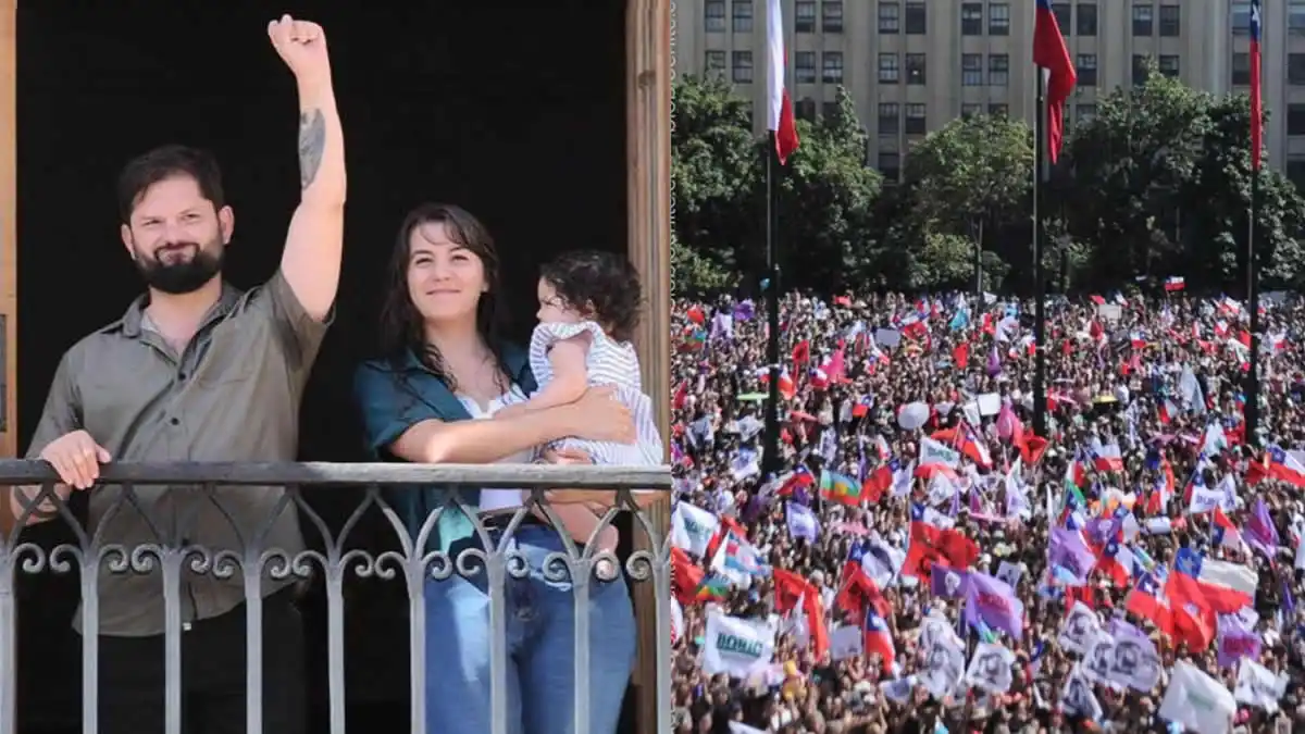 presidente boric, su pareja e hija en un balcón de la moneda